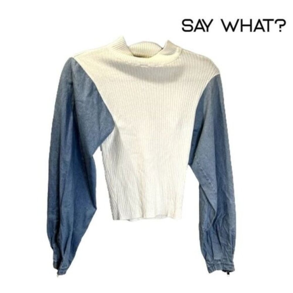 Say What? Women's Mock Neck Ribbed Knit Sweater with Denim‎ Long sleeves